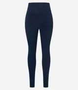 Calza legging deportiva de poliamida color azul con cintura alta de 10 cm.
