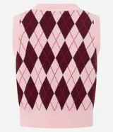 Chaleco de punto con escote en V y diseño de cuadros tipo argyle en tonos rosa y bordó. Presenta terminaciones acanaladas en cuello, sisas y ruedo.