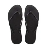 Sandalias tipo ojota Havaianas modelo Slim Glitter II, color marrón, con tiras finas decoradas con glitter brillante.