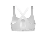 Top deportivo Under Armour de soporte medio, color negro, con diseño de espalda cruzada y banda elástica inferior con el logo de la marca estampado.