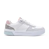 Championes Skechers Jade Feline Instinct de mujer, con capellada de cuero sintético blanco, superposiciones de gamuza con estampado de leopardo, plantilla Skechers Air-Cooled Memory Foam y suela de goma con plataforma celeste.