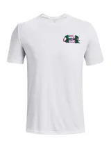 Remera blanca de manga corta con cuello redondo y logo estampado en el pecho.