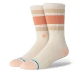 Medias de caña media color crema con puntera y talón color salmón. Presentan franjas horizontales en color salmón y beige.