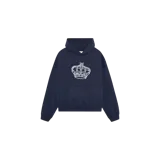Hoodie oversize azul marino de Eme Studios con capucha, bolsillo frontal tipo canguro y gran estampado de corona blanca en el pecho.