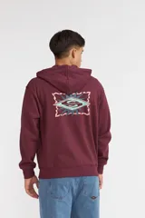 Campera con capucha Quiksilver modelo Starfish, color bordó, con cierre frontal y estampa gráfica colorida en la espalda.