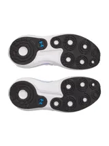 Championes de running Under Armour modelo Phantom 4, con diseño híbrido de alto rendimiento y estilo urbano. Presentan una estructura de punto con cuello tipo calcetín para un ajuste cómodo, contrafuerte de TPU en el talón y amortiguación UA HOVR+ para mayor retorno de energía. Combinan colores blanco, negro y detalles en azul vibrante en la entresuela.