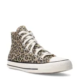 Championes de lona de caña alta Converse Chuck Taylor All Star Hi, con estampado de animal print tipo leopardo, puntera de goma blanca y cordones claros.