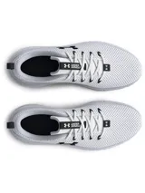 Championes de running Under Armour modelo Phade RN 2, color blanco con detalles en negro. Presentan una parte superior de malla transpirable, entresuela de EVA para mayor amortiguación y suela de goma resistente con ranuras flexibles.