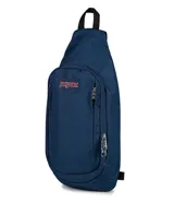 Morral tipo bandolera JanSport, color azul marino, con diseño ergonómico de una sola correa ajustable, compartimento principal con cierre y bolsillo frontal con logo de la marca.