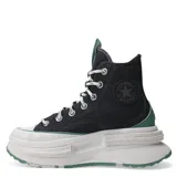 Championes de caña alta Converse Run Star Legacy CX, con diseño de plataforma voluminosa, capellada de lona negra, detalles en verde agua y suela dentada con textura moteada.