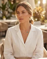 Collar de cadena fina con baño de oro, adornado con pequeñas piedras naturales de diversos colores distribuidas a lo largo de la pieza.