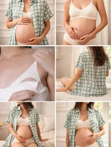 Camisa maternal de manga corta con diseño holgado, confeccionada en viscosa suave. Presenta un estampado de cuadros grandes en color rojo y crema, cierre frontal con botones y bolsillos laterales.