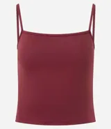 Top cropped de tirantes finos, escote cuadrado y corte ajustado, color rojo oscuro.