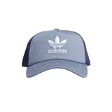 Gorro Adidas tipo trucker color celeste con paneles frontales de espuma y paneles traseros de malla azul marino. Logo de Adidas bordado en blanco en el frente.