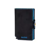 Billetera compacta Baleine Kansas World Cup Edition, fabricada en cuero genuino negro con costuras y detalles en color azul. Cuenta con estructura de aluminio, sistema de extracción rápida de tarjetas, cierre con broche metálico y protección RFID.