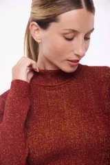 Buzo cropped de punto color ladrillo con brillo dorado, cuello alto y mangas largas.