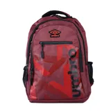Mochila Umbro modelo Orbum, color bordó con estampado gráfico geométrico y logo de la marca en contraste. Cuenta con compartimento principal con cierre, bolsillo frontal con cierre, bolsillos laterales de red y manija superior.