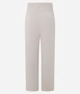 Pantalón wide leg de punto con textura acanalada, cintura elástica con lazo ajustable y detalles metalizados, y frisos verticales a lo largo de la pierna.