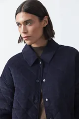 Campera capitoneada de algodón con diseño matelaseado, cuello camisero y cierre frontal con botones a presión. Presenta un corte relajado y bolsillos frontales.