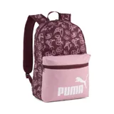 Mochila Puma Phase AOP con estampado floral en tonos bordó y rosa claro. Cuenta con un compartimento principal con cierre y un bolsillo frontal con cierre y el logo de Puma en blanco.