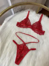 Conjunto de lencería de cuatro piezas en color rojo, confeccionado en encaje. Incluye bralette, tanga, portaligas y ligas regulables con enganches desmontables.