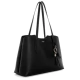 Cartera tipo tote bag Guess modelo Melody, de color negro y confeccionada en cuero sintético, con doble asa de hombro y herrajes metálicos dorados. Incluye un llavero colgante con dije de candado y borla, logo metálico frontal y un neceser o monedero removible en combo.