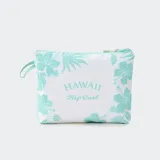 Bolso tipo neceser o cartuchera de color blanco con estampado floral y tropical en tono menta, con la inscripción "HAWAII Rip Curl" en el centro. Cuenta con cierre superior y una pequeña tira lateral para facilitar su traslado.