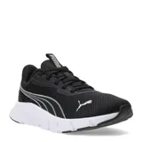 Championes de running Puma Flexfocus Lite Modern, color negro con detalles en blanco. Presentan un diseño deportivo con malla transpirable, cierre de cordones y suela de goma blanca con tecnología PUMALite para mayor amortiguación.