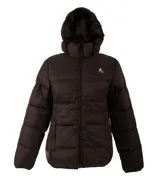 Campera inflada de nylon color azul marino, con cierre frontal, capucha integrada y diseño acolchado.