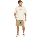 Bermuda color beige de corte recto, con bolsillos cargo laterales, pretina elástica con cordón ajustable y ruedo con dobladillo.