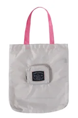 Bolso tipo tote plegable, color gris claro, con estampado del logo 'Legacy Woman Co.' y asas rosas.