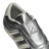 Championes Adidas modelo Taekwondo, color plateado metalizado con las tres tiras características en blanco. Presentan un diseño de perfil bajo, sin cordones visibles y suela de goma fina.