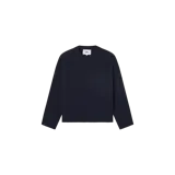 Sweater de punto color azul marino de la marca Eme Studios, con cuello redondo, diseño texturizado estilo ladrillo y logo bordado en el pecho.