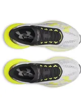 Championes de running Under Armour Velociti Distance, modelo con capellada de malla transpirable en color blanco y gris, con detalles y suela en tono amarillo flúor y negro.