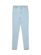Jean de corte slim y tiro alto, confeccionado en denim de tono claro. Presenta cierre de botón y cremallera, con diseño clásico de cinco bolsillos.