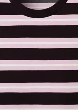 Camiseta de manga corta y cuello redondo, con diseño a rayas horizontales en tonos negro y rosado, corte recto.