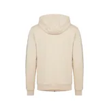 Campera deportiva con capucha y cierre frontal, color blanco. Presenta bandas laterales negras con el logo de la marca estampado a lo largo de las mangas y un pequeño parche con el logo en el pecho.