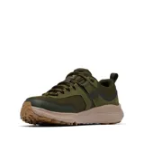Championes de senderismo Columbia modelo Konos Low, color verde militar con suela en tono arena. Presentan un diseño técnico con empeine de malla transpirable y sobrecapas sintéticas para mayor soporte. Incluyen tecnología Omni-Max para estabilidad y suela de caucho de alta tracción.