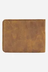 Billetera Ecko plegable de cuero sintético en color marrón con detalle lateral en tela negra y placa metálica frontal con el logo del rinoceronte.