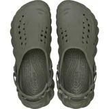 Zuecos Crocs modelo Echo Clog, de color negro, con diseño moldeado de aspecto futurista, aberturas de ventilación y correa trasera ajustable de tela con almohadilla para el talón.