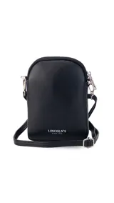 Bandolera pequeña tipo porta celular, color verde claro, confeccionada en cuero sintético. Cuenta con cierre principal, bolsillo frontal con tapa y broche a presión, y correa ajustable extraíble.