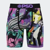 Calzoncillos bóxer estampados con Bugs Bunny y diseño de grafitis en tonos violeta, turquesa, rosa y amarillo.