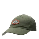 Gorra de béisbol negra con parche frontal hexagonal bordado en naranja y blanco con el logo de la marca.