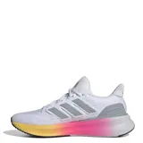 Championes Adidas Ultrarun 5 para mujer, color blanco con detalles en gris y suela degradada en amarillo, rosa y negro.