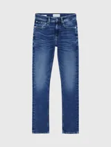 Pantalón de jean skinny azul con lavado vintage, tiro bajo, cinco bolsillos y cierre con cremallera.