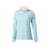 Buzo Columbia de mujer, color celeste, con medio cierre frontal, cuello alto y corte femenino.