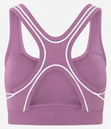 Top deportivo de microfibra con diseño de espalda nadador, escote en U y breteles anchos. Presenta detalles de frisos blancos en contraste y cuenta con copas desmontables.