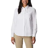 Camisa de manga larga Columbia, color blanco, con cuello clásico, cierre frontal de botones, bolsillos en el pecho y aberturas de ventilación. Diseñada con tecnologías de secado rápido y protección solar.