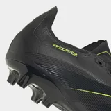 Championes de fútbol Adidas Predator League FG, color negro con detalles en amarillo neón. Presentan un exterior Hybridfeel con textura 3D integral y aletas Strikescale para mayor agarre, y suela Controlplate multiterreno.