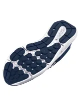 Championes de running Under Armour modelo Charged Assert 10, color azul marino con detalles en blanco. Presentan una parte superior de malla transpirable con revestimientos sintéticos, entresuela con tecnología Charged Cushioning para mayor amortiguación y suela de caucho macizo para mayor durabilidad.